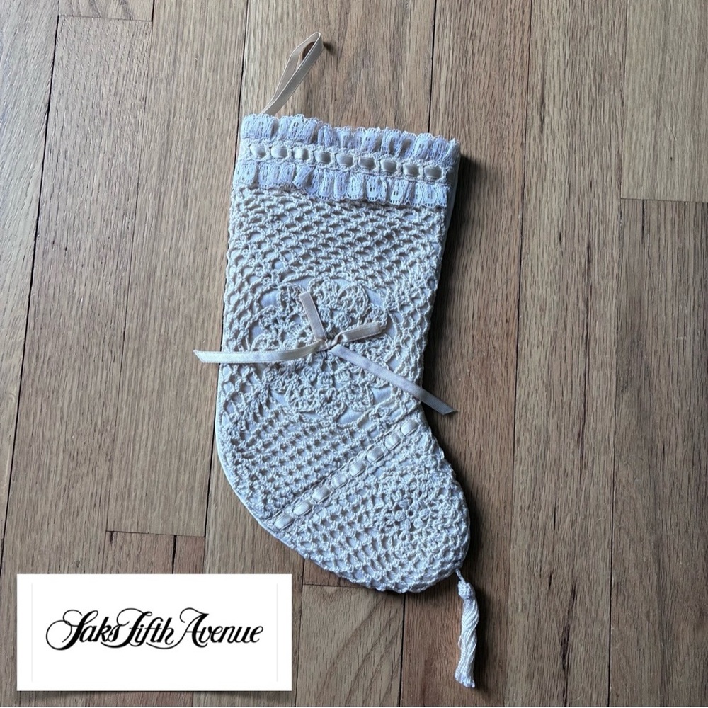 Vintage Crochet Tree Stocking Kurt S. Adler Inc., Color is vintage cream.